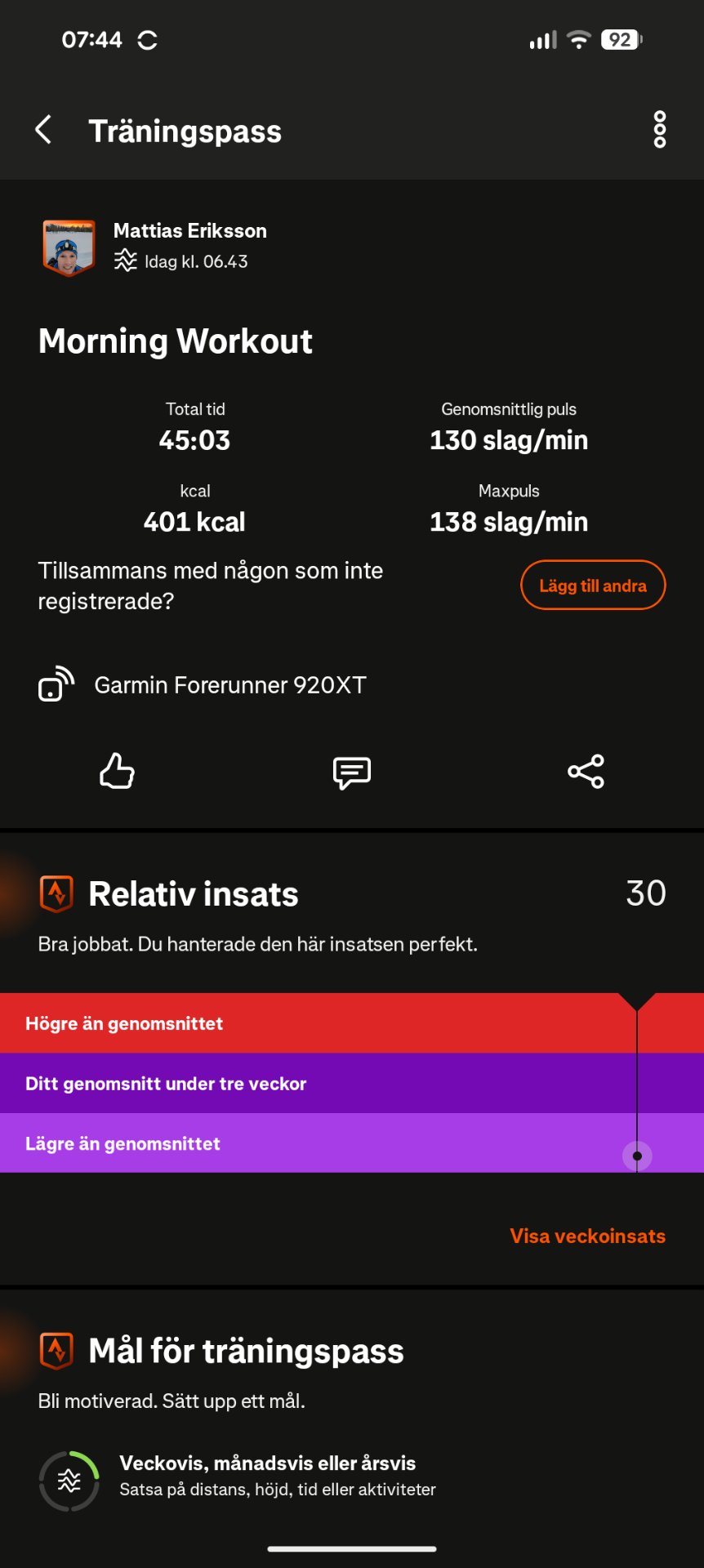 A 45-minute morning workout tracked on Garmin Forerunner 920XT with 401 calories burned and an average heart rate of 130 bpm. This running session shows solid cardio intensity with peak heart rate of 138 bpm.