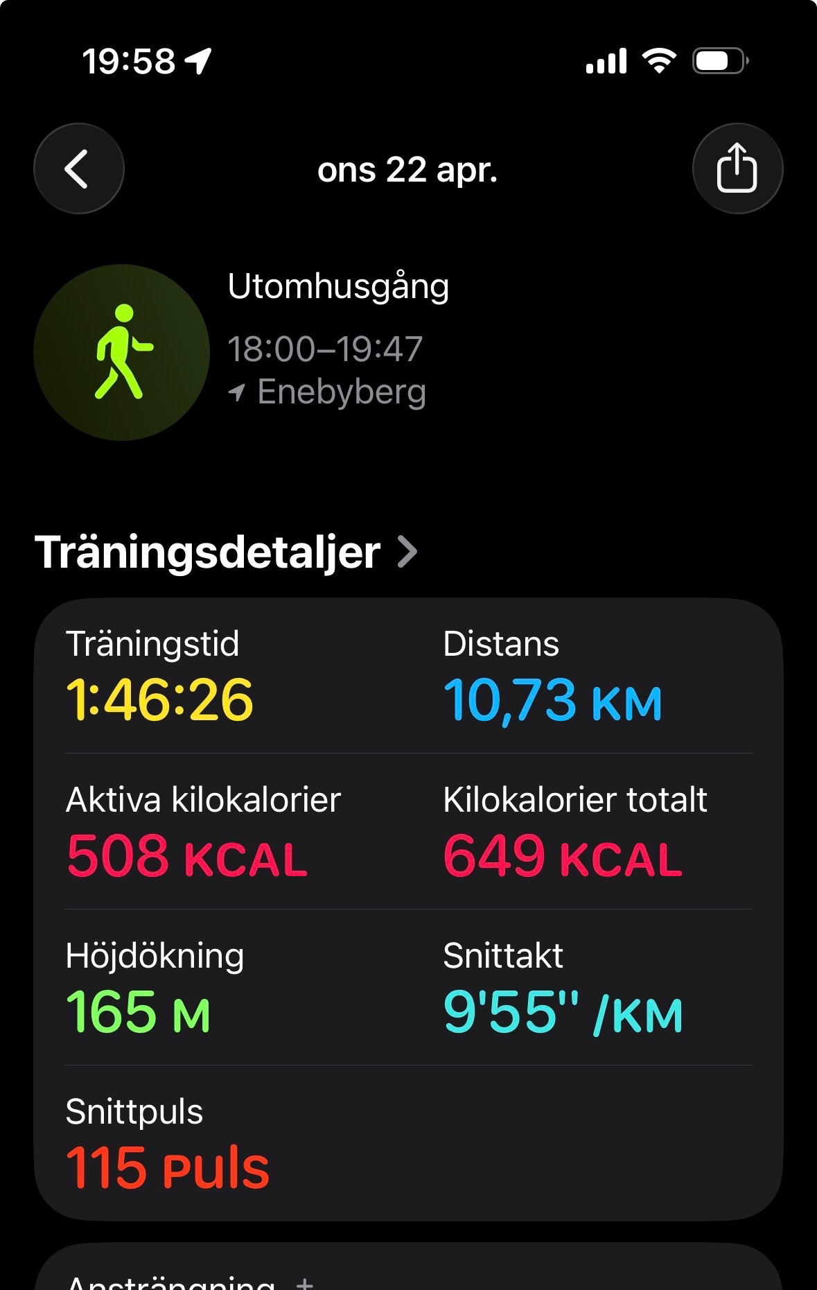 A solid 1 hour 46 minute running session covering 10.73 km around Eneby­berg, burning 649 total calories with an average pace of 9'55" per km.