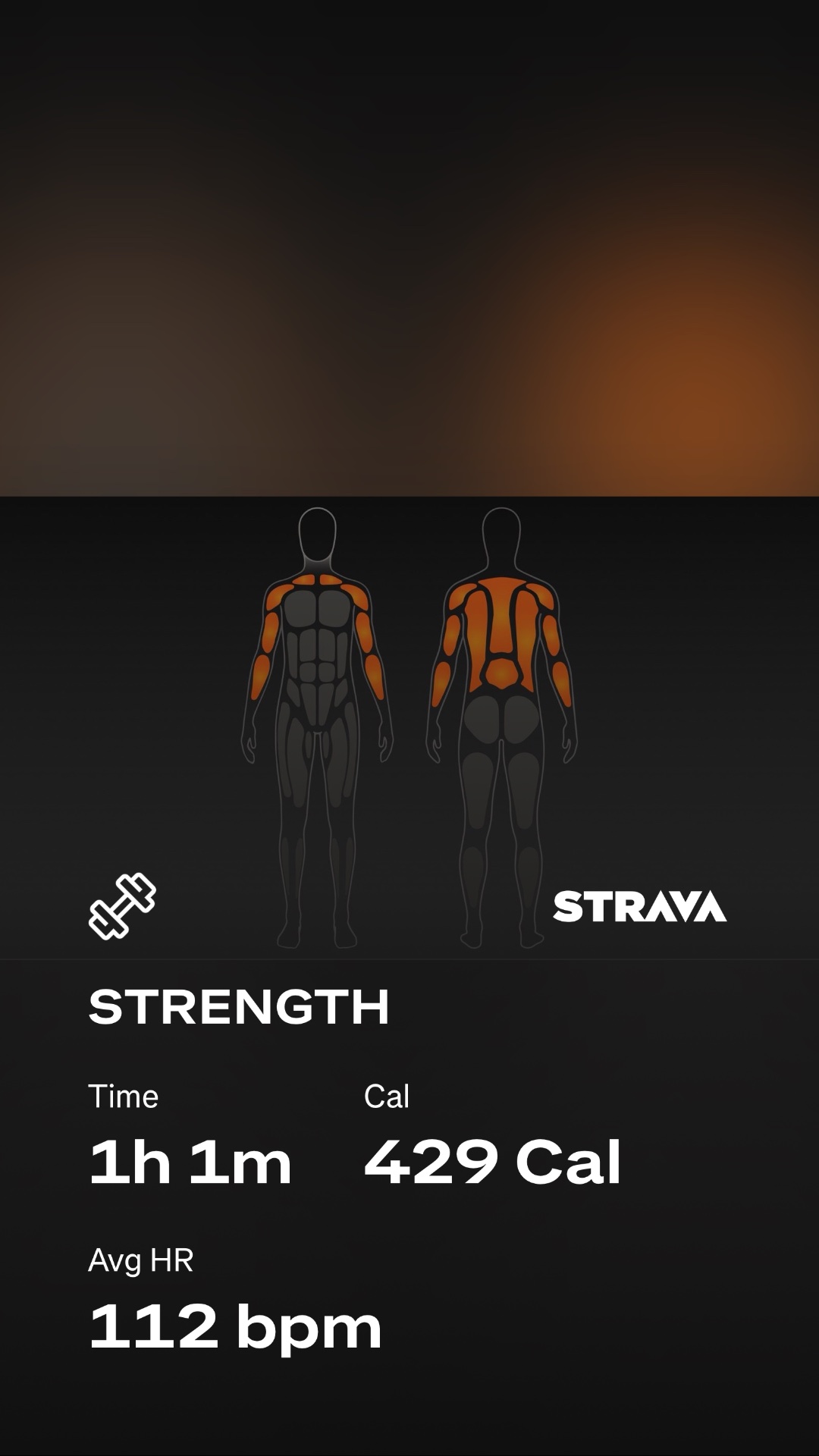 An intense strength training session lasting 1 hour and 1 minute, burning 429 calories with an average heart rate of 112 bpm. The muscle activation diagram highlights upper body and core engagement throughout the workout.