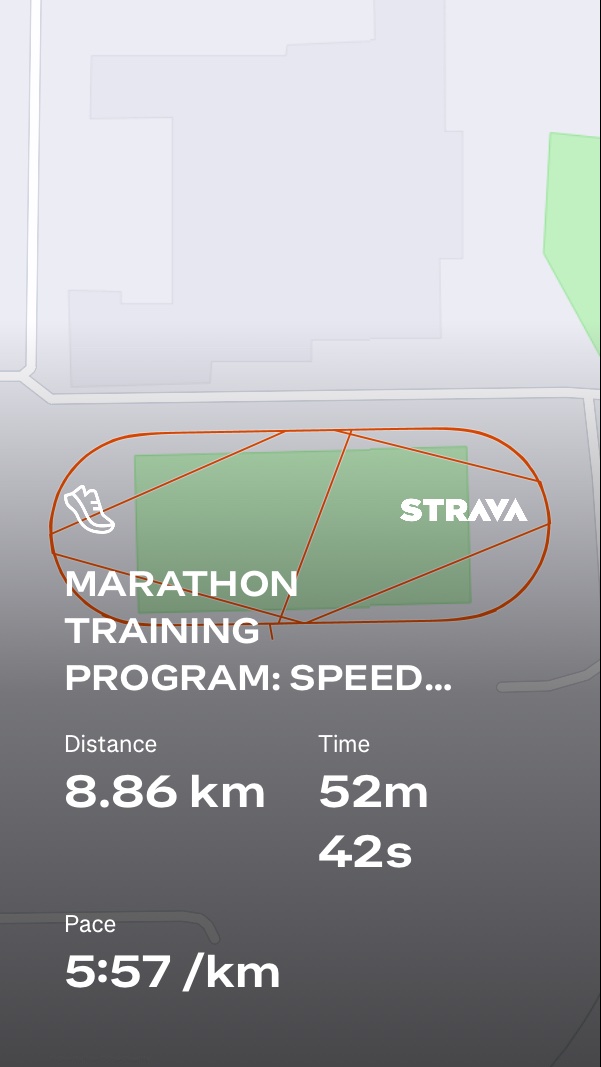 Marathon training speed work session logged on Strava! This runner crushed 8.86 km in 52 minutes and 42 seconds at a solid 5:57/km pace.