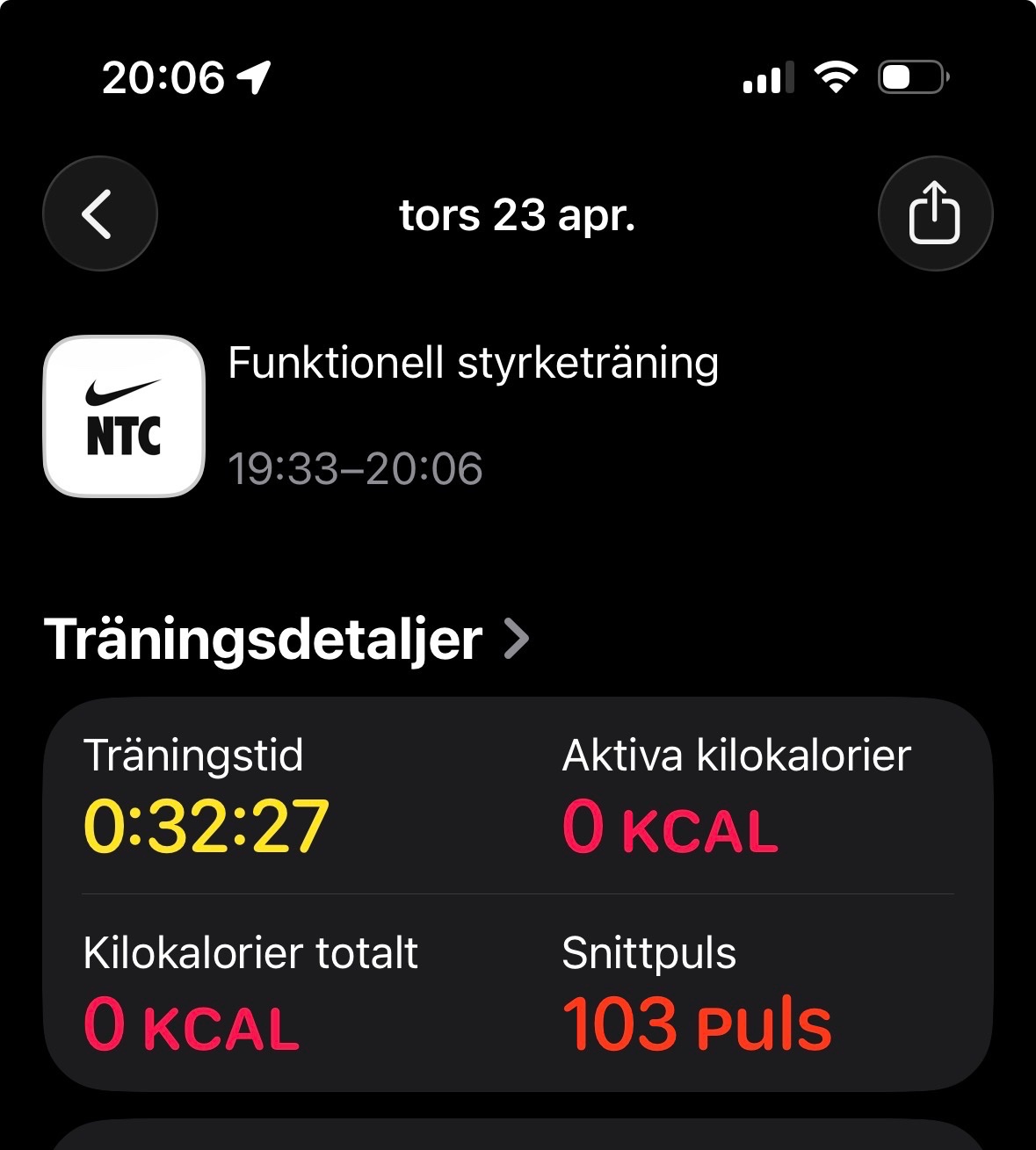 A functional strength training session completed via Nike Training Club, lasting about 32 minutes with 103 recorded heartbeats indicating solid intensity work.