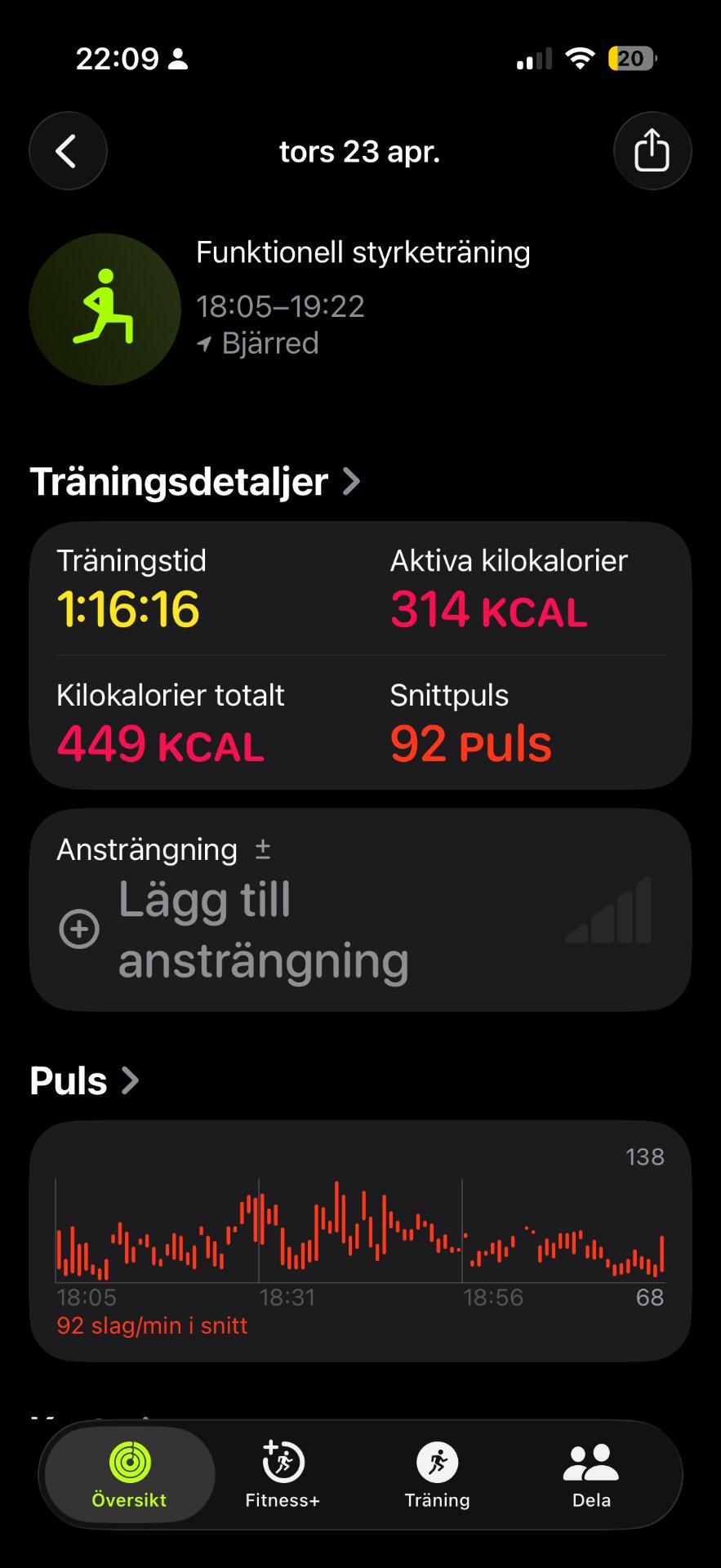 Functional strength training session lasting 1 hour 16 minutes with 449 total calories burned and 92 average heart rate beats per minute, showing consistent effort throughout the workout.