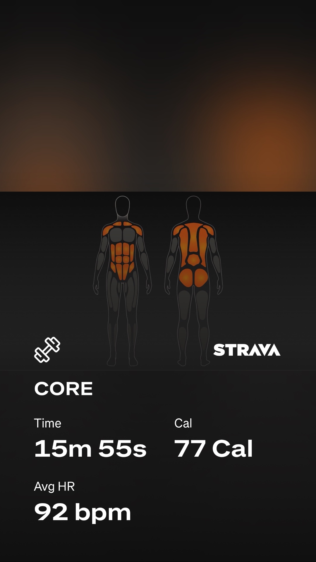 A core-focused strength workout from Strava highlighting abdominal and back muscle engagement! This 15-minute 55-second session burned 77 calories with an average heart rate of 92 bpm.