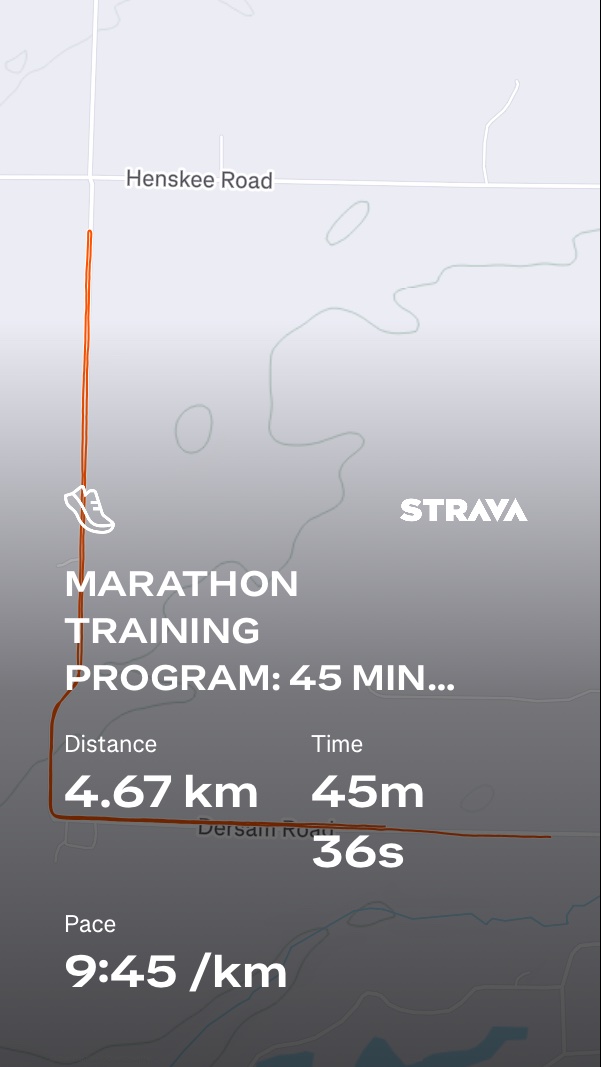 Marathon training run completed via Strava! This 4.67 km run took 45 minutes and 36 seconds at a solid 9:45/km pace—great steady-state cardio work for building endurance.