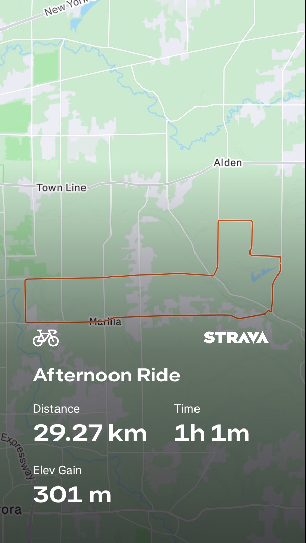 An afternoon cycling ride covering 29.27 km in 1 hour and 1 minute with 301 m of elevation gain, tracked via Strava. A solid outdoor bike workout!