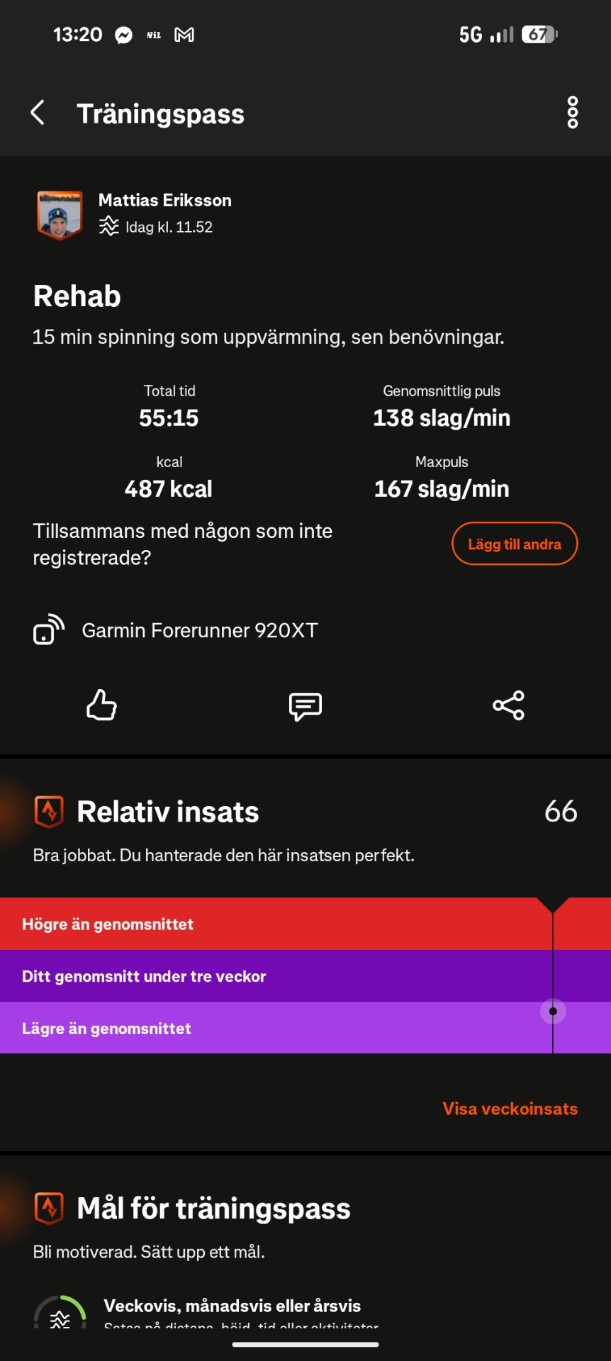 A 15-minute indoor spinning session focused on rehabilitation and warm-up, burning 487 kcal with an average heart rate of 138 bpm. Tracked on a Garmin Forerunner 920XT smartwatch.