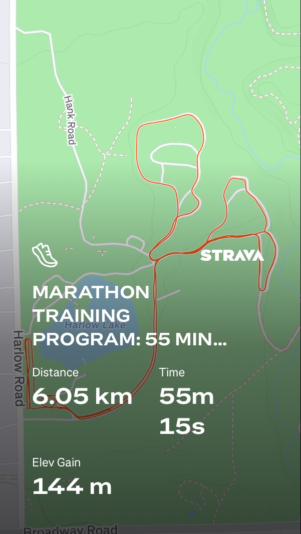 An impressive marathon training run completed in 55 minutes and 15 seconds, covering 6.05 km with 144 m of elevation gain. This Strava screenshot shows a solid tempo or long run workout as part of dedicated marathon preparation!