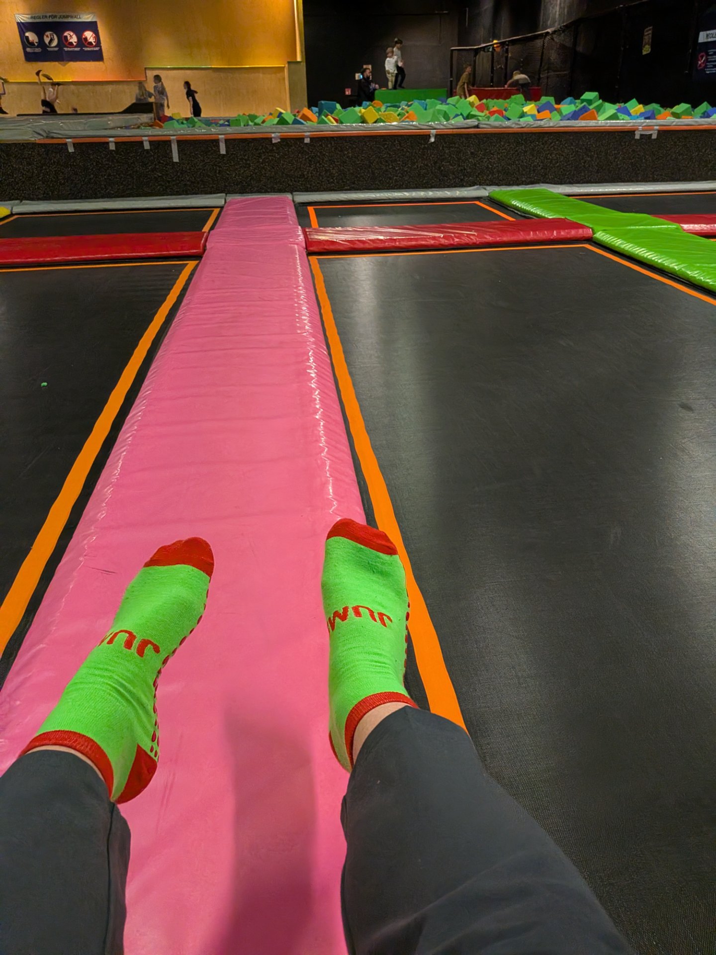 Trampoline park session with bouncing and jumping activity! This high-energy workout involves explosive movements across padded surfaces, providing excellent cardiovascular engagement.