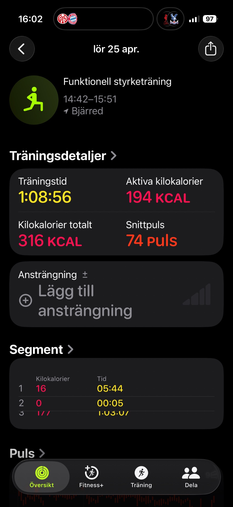 Functional strength training session lasting just over an hour with 194 active calories burned and 74 total pulses recorded. A solid workout focused on functional movement patterns!