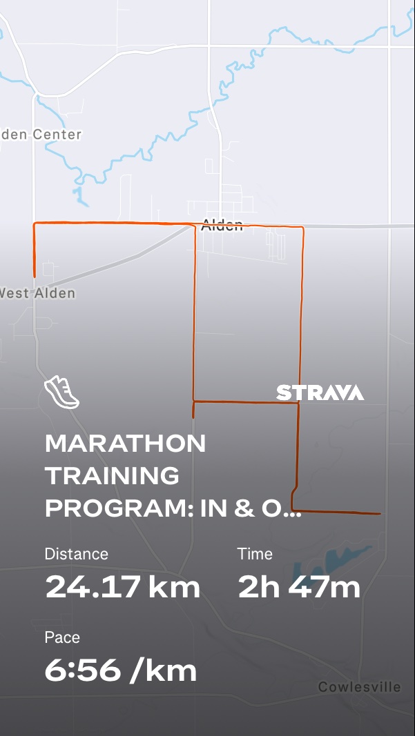 Marathon training run captured on Strava! This is a solid 24.17 km long run at a strong 6:56/km pace, completed in 2 hours 47 minutes as part of an in-and-out training program.