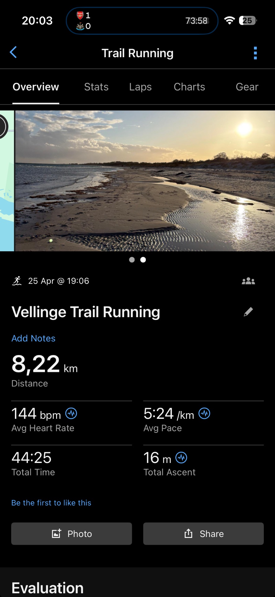 An awesome 8.22 km trail run along a scenic beach at Vellinge, completed in 44 minutes with a solid average pace of 5:24/km and heart rate of 144 bpm. Beautiful coastal scenery made for an inspiring outdoor run!
