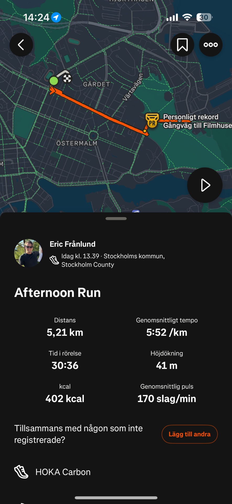 An afternoon run in Stockholm covering 5.21 km in 30:36 with an average pace of 5:52/km. Great outdoor running workout with 402 calories burned!