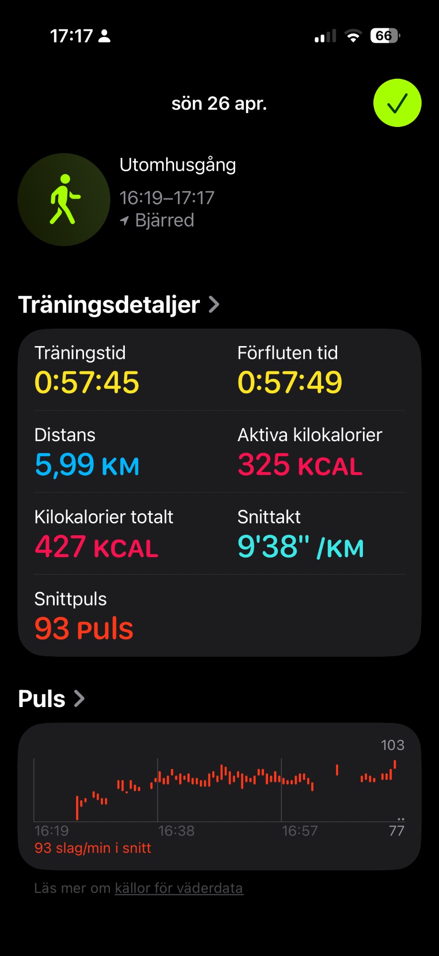 A solid outdoor walking session covering 5.99 km in just under 58 minutes! This Swedish fitness app screenshot shows a great cardiovascular workout with 325 active calories burned and a steady pace of 9'38" per km.