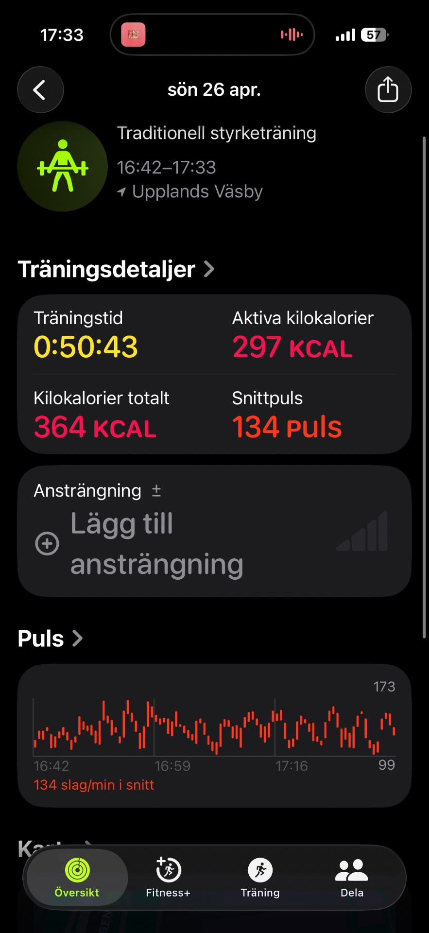 An intense traditional strength training session lasting 50 minutes at Upplands Väsby gym, burning 297 active calories with 134 beats per minute average heart rate throughout the workout.
