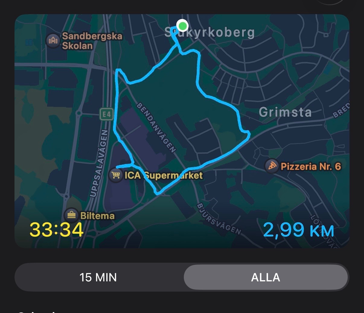 A running workout through Swedish suburbs covering 2.99 km in 33 minutes and 34 seconds, tracked via a fitness app showing the route map.