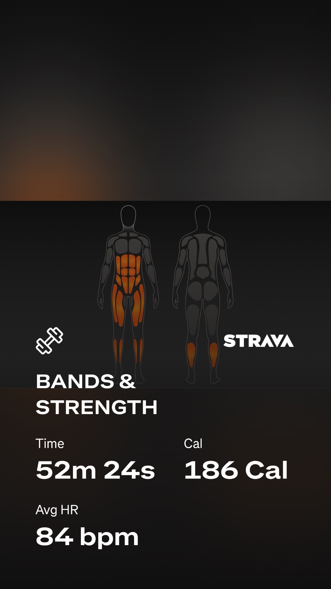 A resistance band and strength training session logged on Strava, targeting lower body and core muscles with 52 minutes of work burning 186 calories at an average heart rate of 84 bpm.