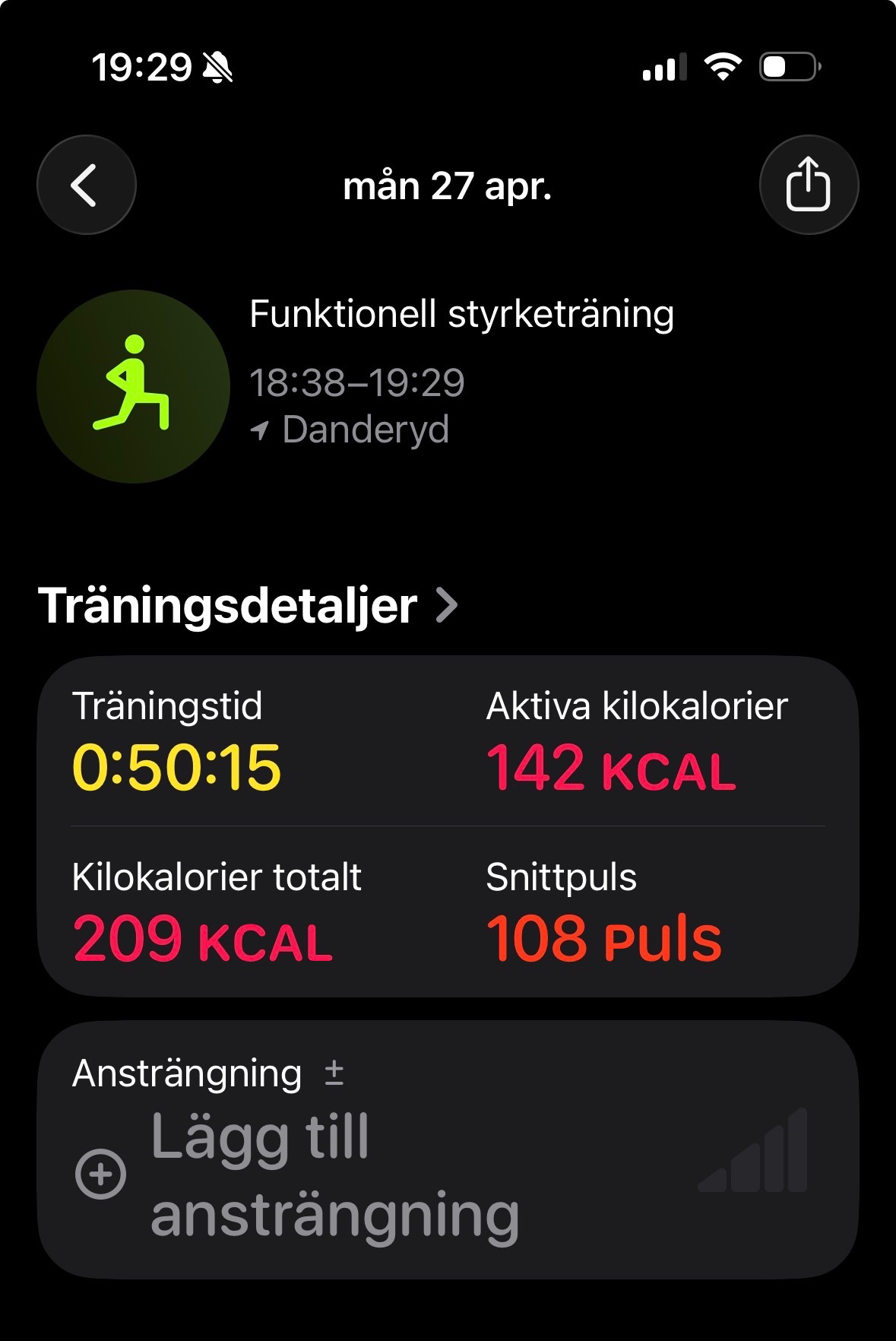 Functional strength training session lasting 50 minutes at Danderyd, burning 209 calories total with an average heart rate of 108 bpm. This focused resistance workout demonstrates a solid commitment to building functional fitness!