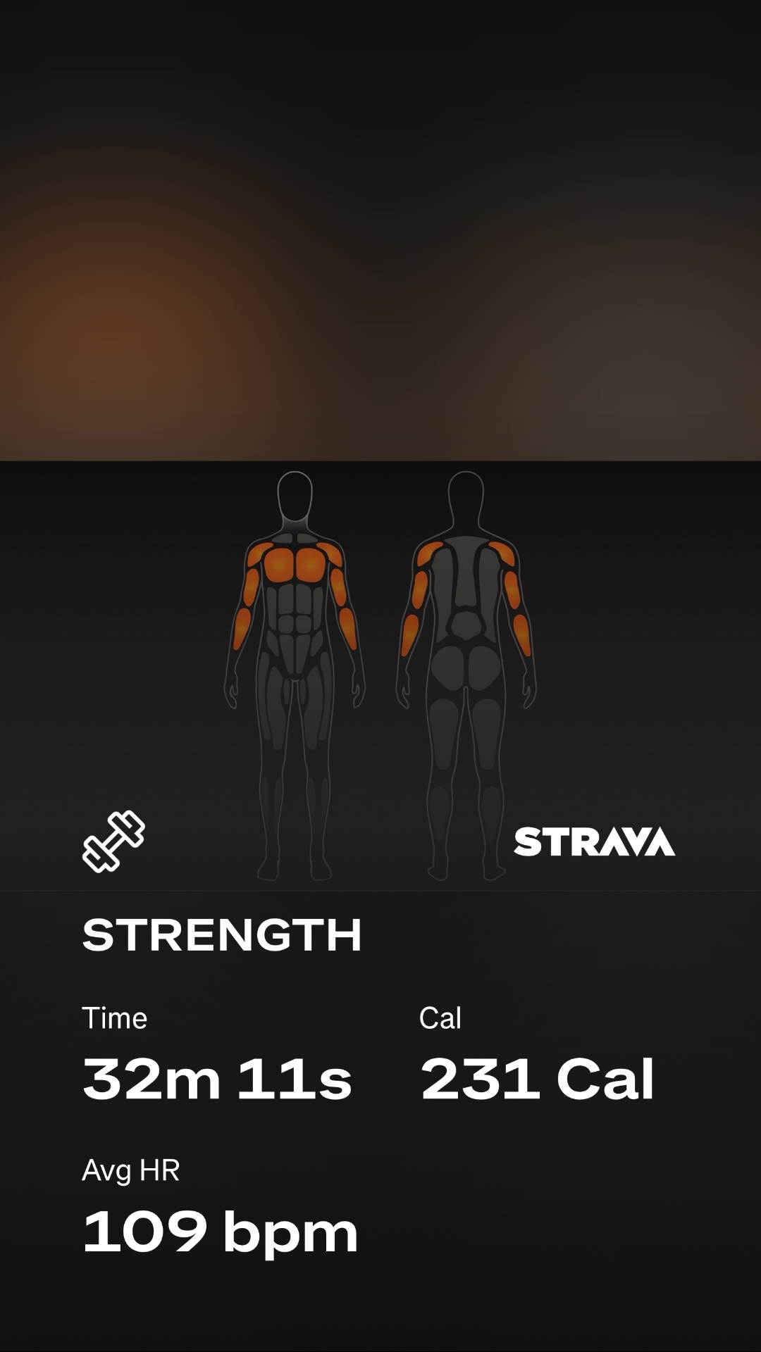 A Strava strength training session targeting upper body and core muscles. 32 minutes of focused resistance work that burned 231 calories with an average heart rate of 109 bpm.