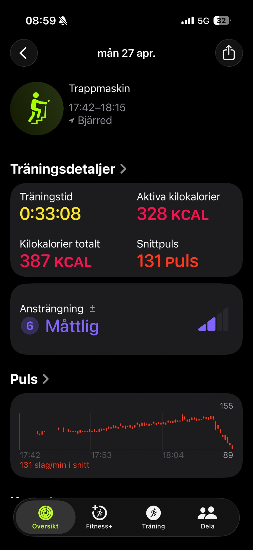 A stair climbing workout session lasting 33 minutes with 387 total calories burned and 131 beats per minute average heart rate. This intense cardio session shows consistent effort with a peak heart rate of 155 bpm.