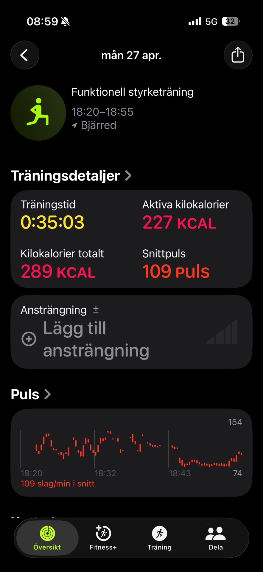 Functional strength training session lasting 35 minutes with 109 beats per minute average heart rate, burning 289 total calories through resistance exercises in Björred.