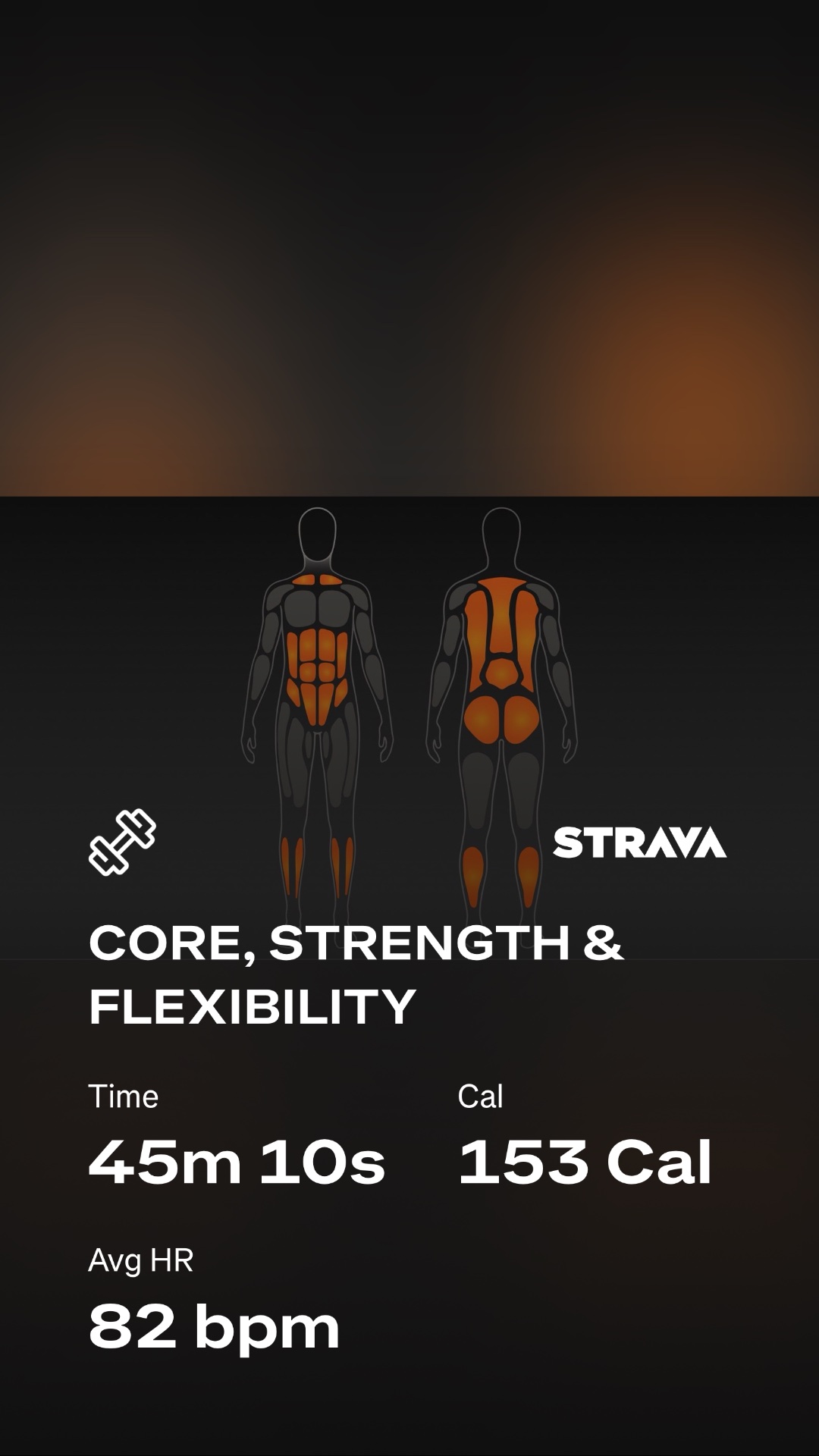 A focused core, strength, and flexibility workout lasting 45 minutes that burned 153 calories with an average heart rate of 82 bpm. This session targeted multiple muscle groups as shown by the muscle activation map.