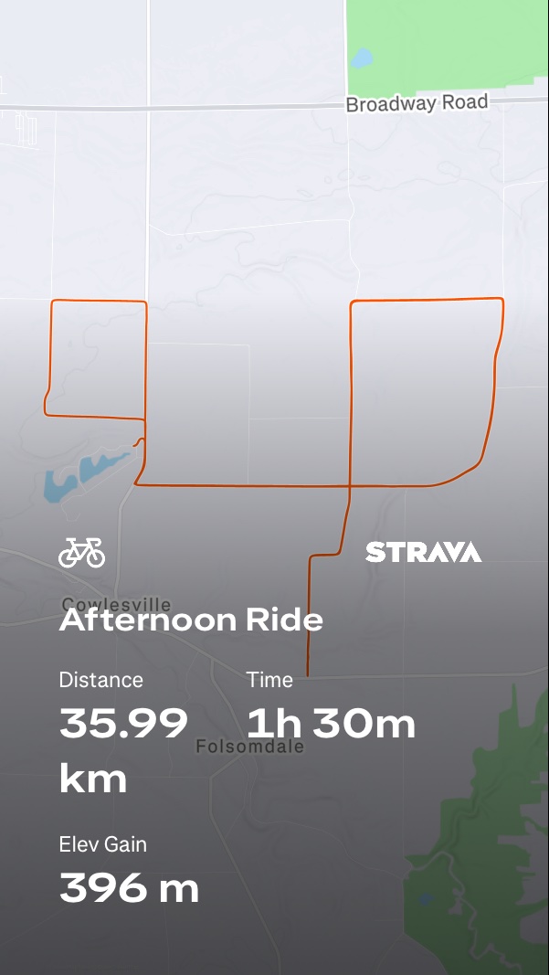 An afternoon cycling ride covering 35.99 km in 1 hour 30 minutes with 396 m of elevation gain, tracked via Strava. Great outdoor bike workout!