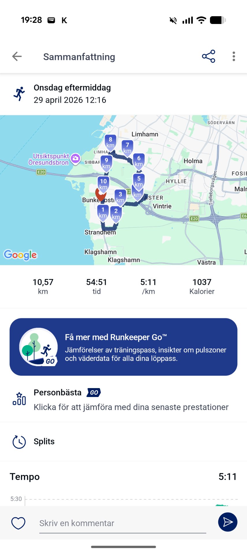 An impressive 10.57 km run completed in 54:51, averaging 5:11 per kilometer with 1037 calories burned. The GPS map shows a scenic route through the Limhamn area with multiple splits tracked throughout the workout.
