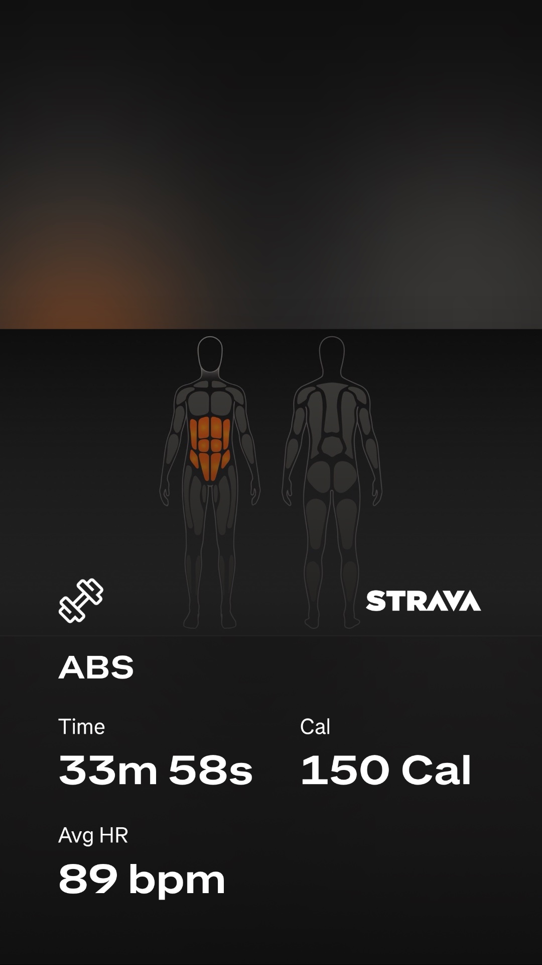An intense ab workout session from Strava! 34 minutes of core-focused training that torched 150 calories and kept the heart rate elevated at 89 bpm average.