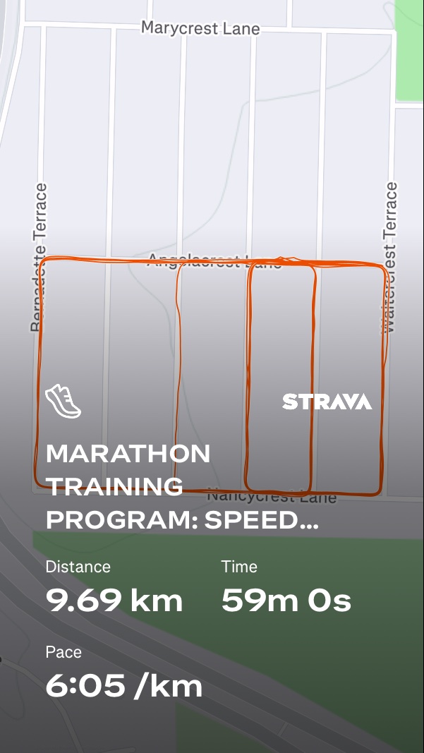An impressive marathon training run covering 9.69 km in 59 minutes at a solid 6:05/km pace. This speed workout is part of a structured marathon training program tracked on Strava.