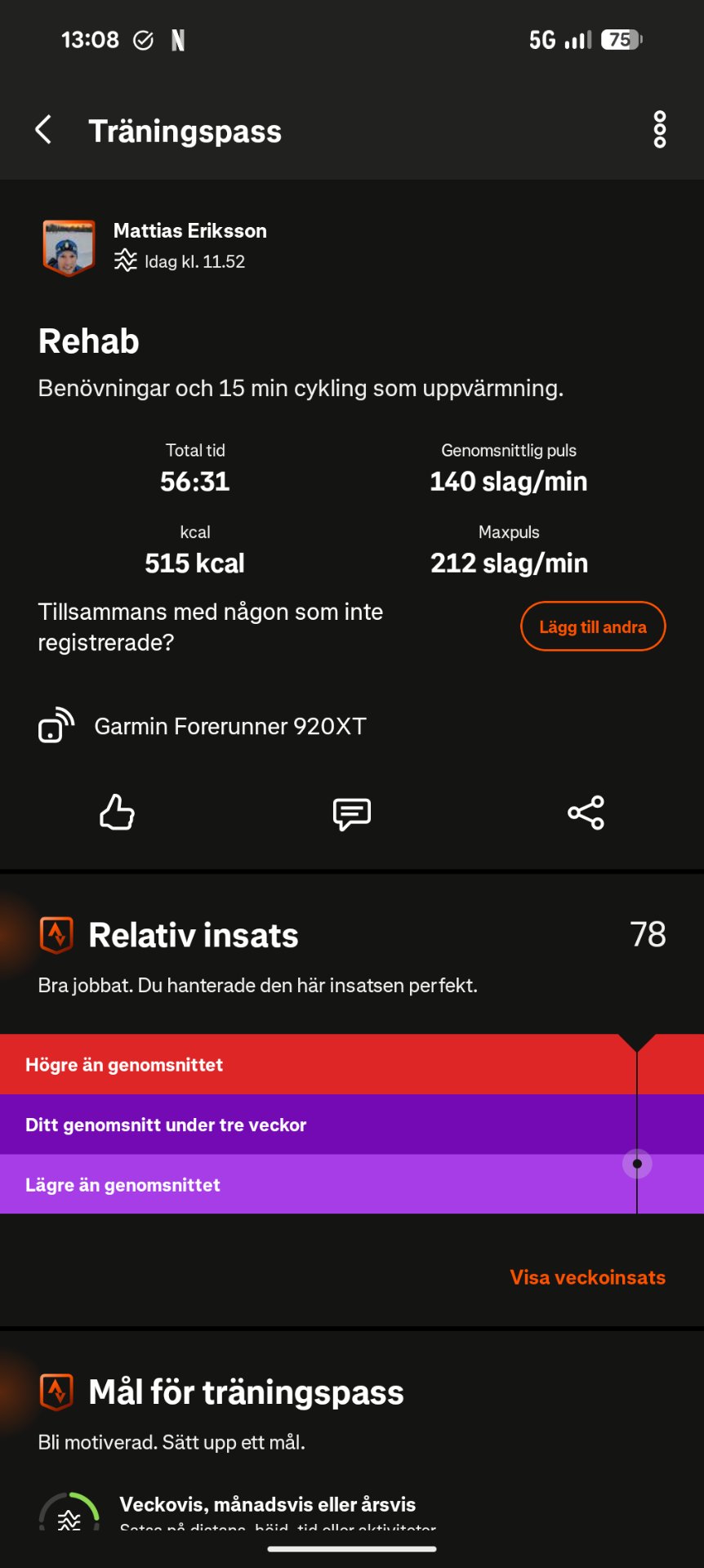 A 56-minute rehab workout combining exercises and 15 minutes of cycling for warm-up, tracked on Garmin Forerunner 920XT with 515 kcal burned and an average heart rate of 140 bpm.