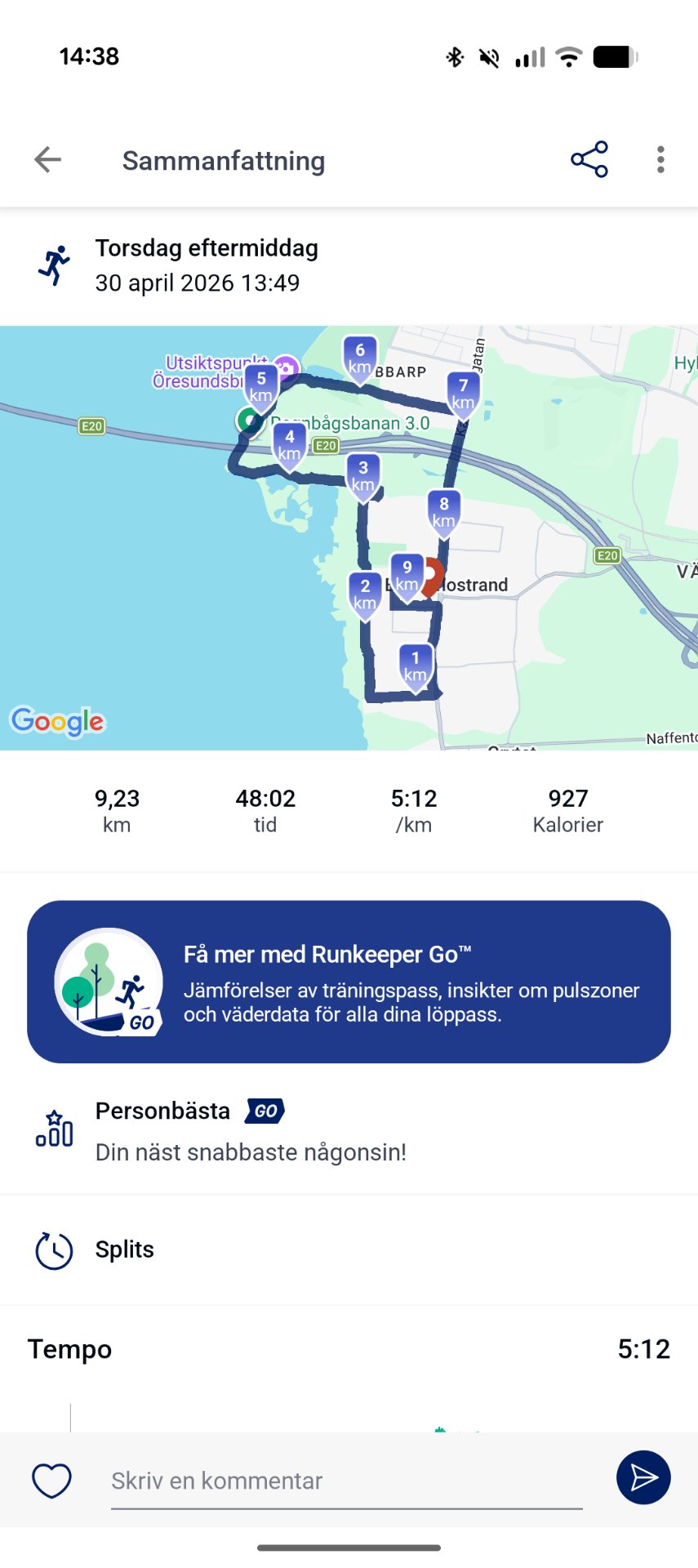 A 9.23 km run completed in 48 minutes at a steady pace of 5:12 per kilometer, burning 927 calories. This Thursday afternoon run shows a nice route through the Swedish coastal area with consistent effort throughout.