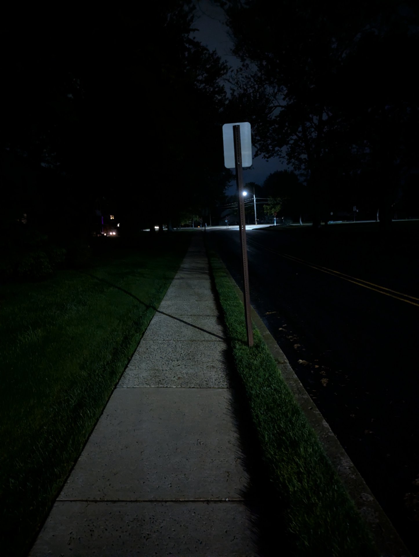 A nighttime walk or run on a well-lit sidewalk, capturing the perspective of someone moving through an outdoor path. Great for an evening cardio session!