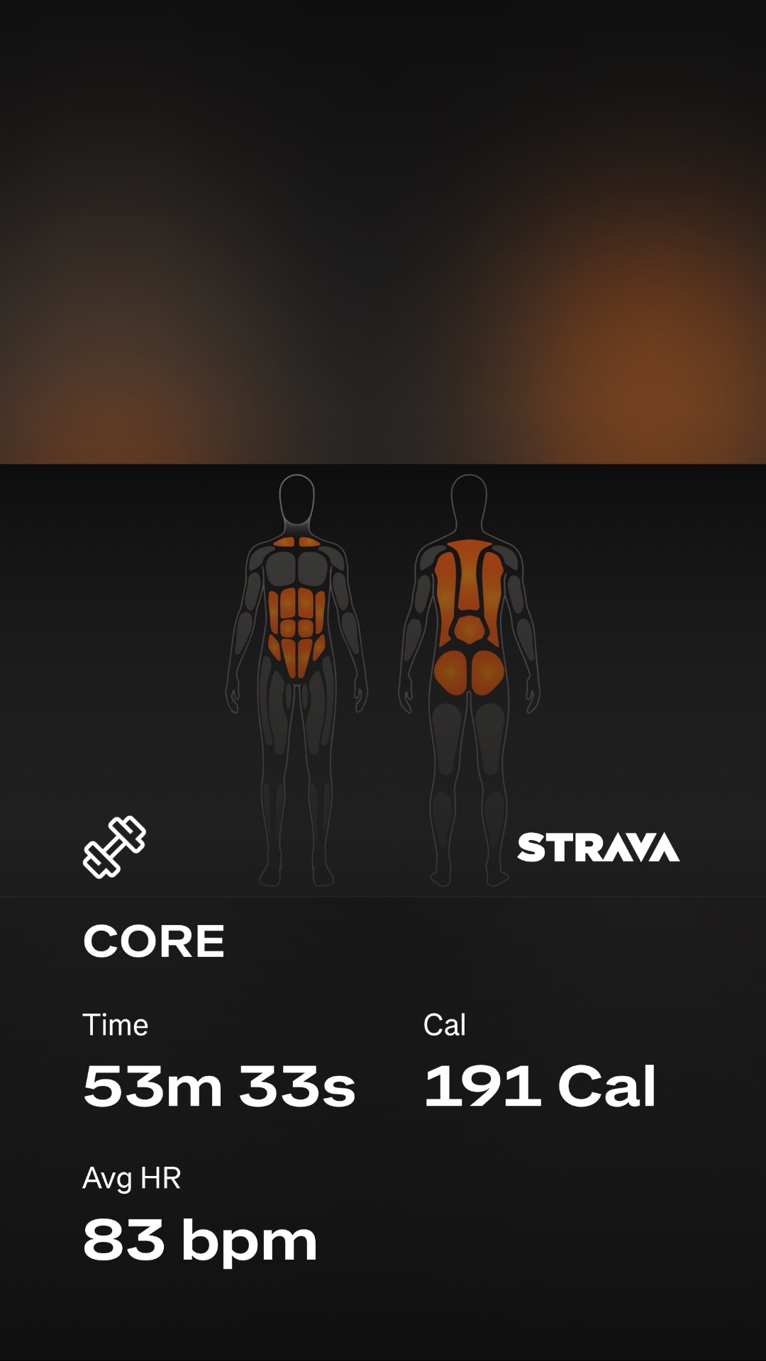 A core-focused strength workout from Strava showing 53 minutes and 33 seconds of targeted abdominal and back training, burning 191 calories with an average heart rate of 83 bpm.