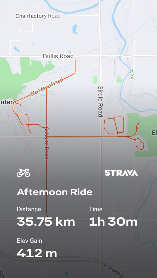 An afternoon bike ride covering 35.75 km with 412 m of elevation gain, completed in 1 hour 30 minutes. This Strava cycling activity shows a solid recreational ride through varied terrain.