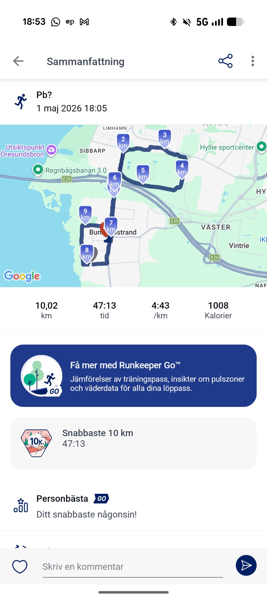 An impressive 10 km run completed in 47 minutes and 13 seconds, burning 1,008 calories! This is a great pace of 4:43 per km tracked through a running app with a detailed route map.
