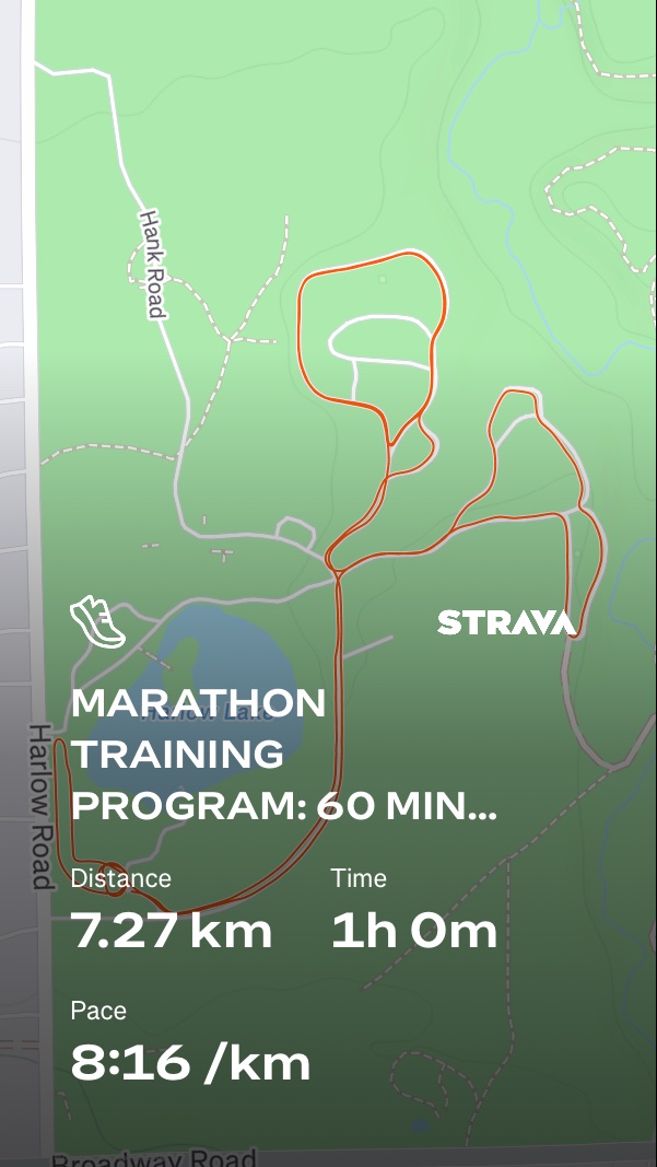 Marathon training run logged on Strava covering 7.27 km in 1 hour at a solid 8:16/km pace. Great endurance work as part of a structured marathon training program!