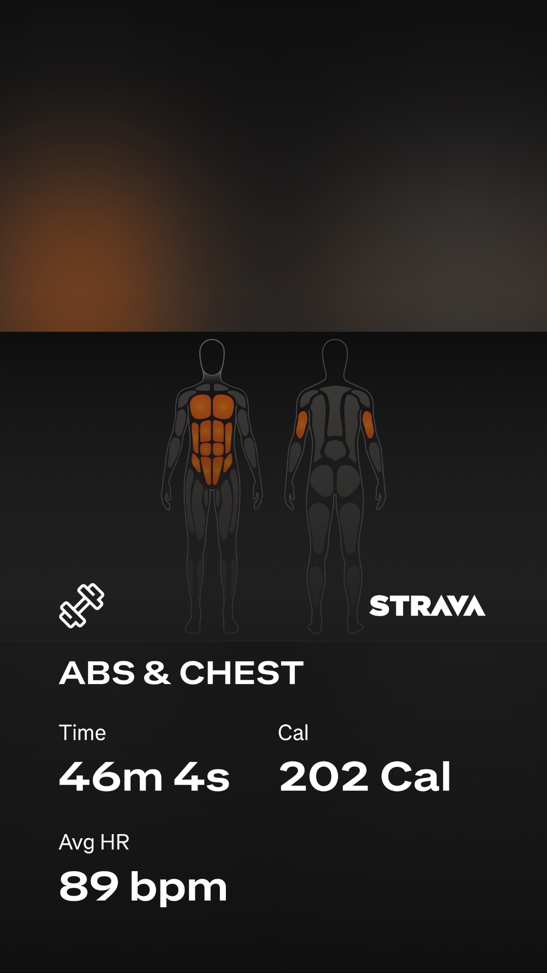 An intense abs and chest workout lasting 46 minutes, burning 202 calories with an average heart rate of 89 bpm. This bodyweight or resistance training session targeted core and upper body strength!