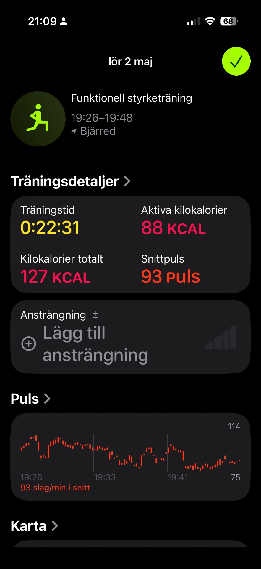 A functional strength training session lasting 22 minutes with 88 active calories burned and 93 beats per minute average heart rate. This workout focused on bodyweight and resistance exercises.