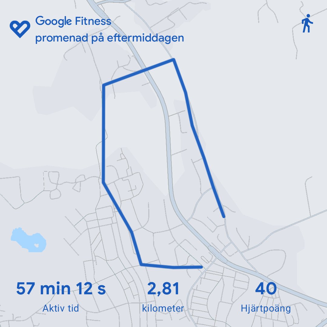 An evening promenade walk tracked on Google Fitness covering 2.81 kilometers in 57 minutes with a heart rate of 40 bpm. A leisurely outdoor walking workout through the neighborhood!