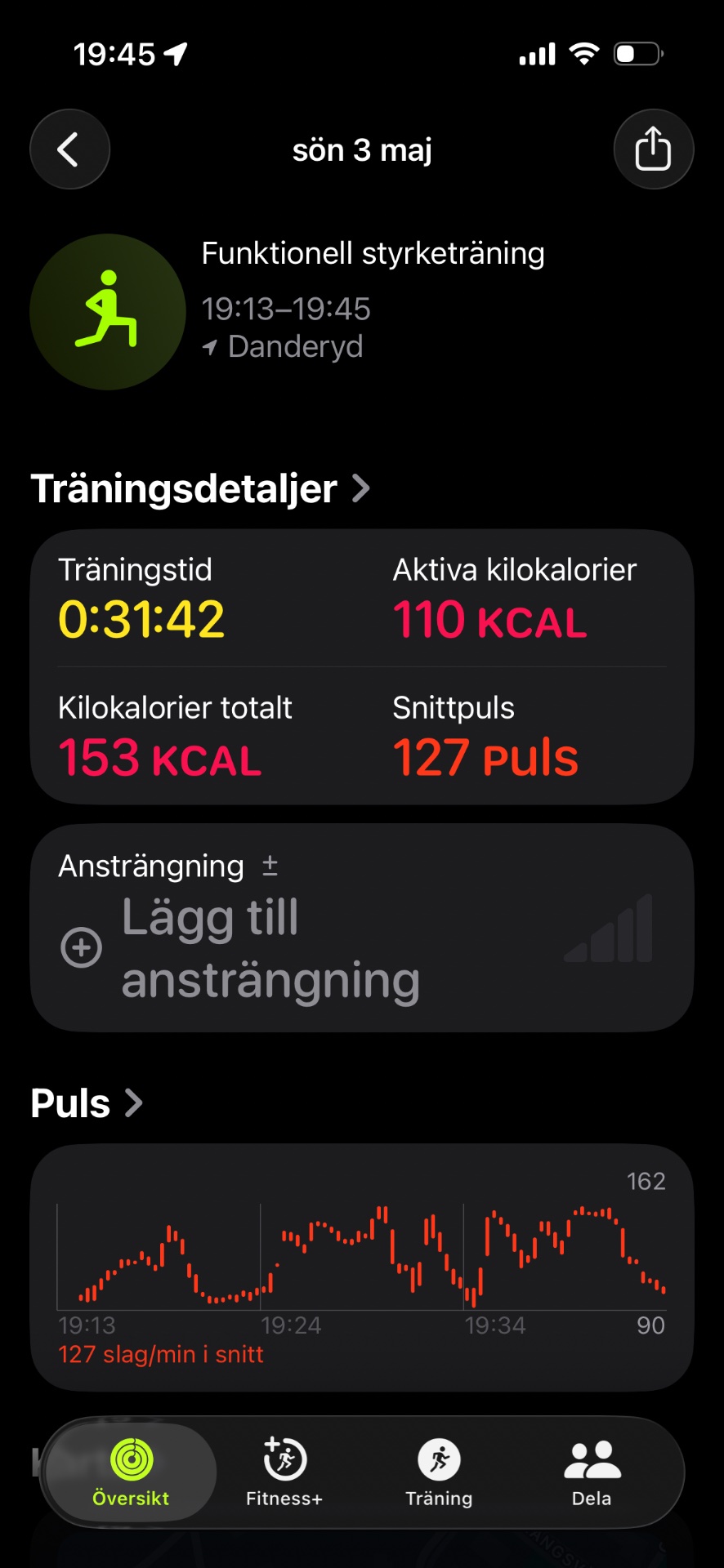Functional strength training session lasting 31 minutes with 110 active calories burned and 127 average heart rate bpm. This workout focused on resistance and functional movements.