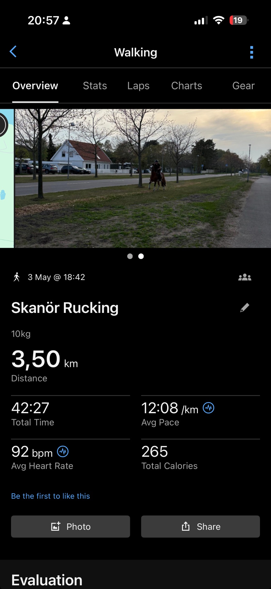 A scenic walking workout through Skanör Rucking covering 3.5 km in 42 minutes with an average pace of 12:08/km. Great outdoor stroll with a 10kg load, burning 265 calories!