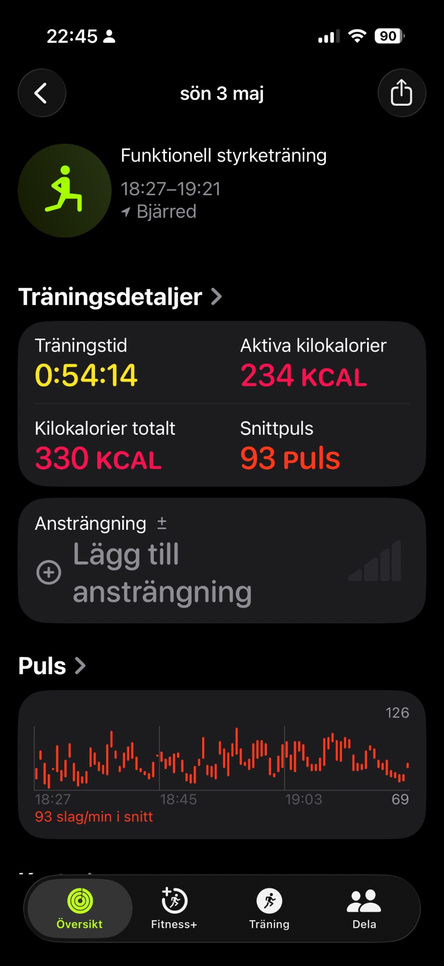 Functional strength training session lasting 54 minutes with 330 total calories burned and an average heart rate of 93 bpm. This workout combined resistance and bodyweight exercises for a solid full-body training session.