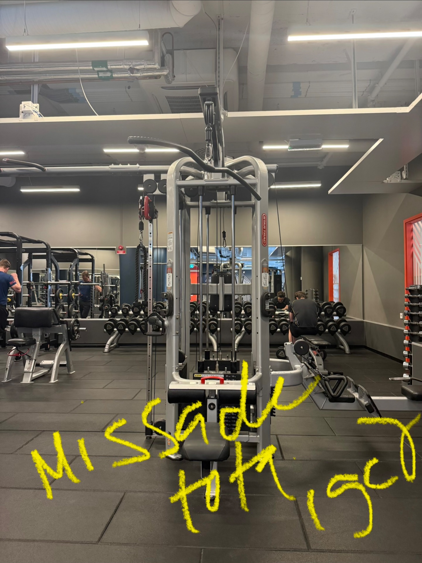A gym setup featuring a cable machine with dual pulleys, perfect for resistance training exercises like chest flyes, rows, and lat pulldowns. This is a dedicated strength training station in a well-equipped fitness facility.