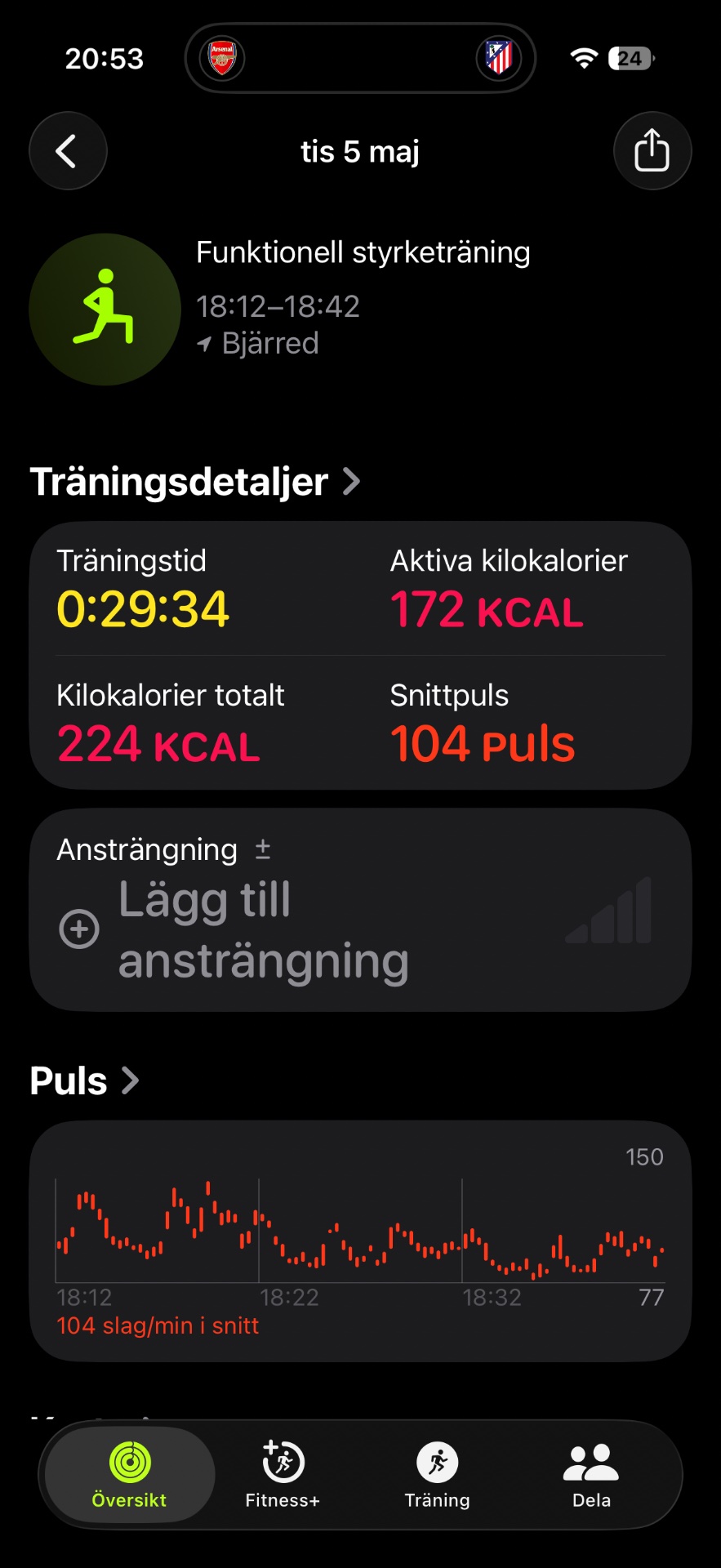 Functional strength training session lasting 30 minutes with 172 active calories burned and 104 pulse spikes, combining bodyweight and resistance exercises.