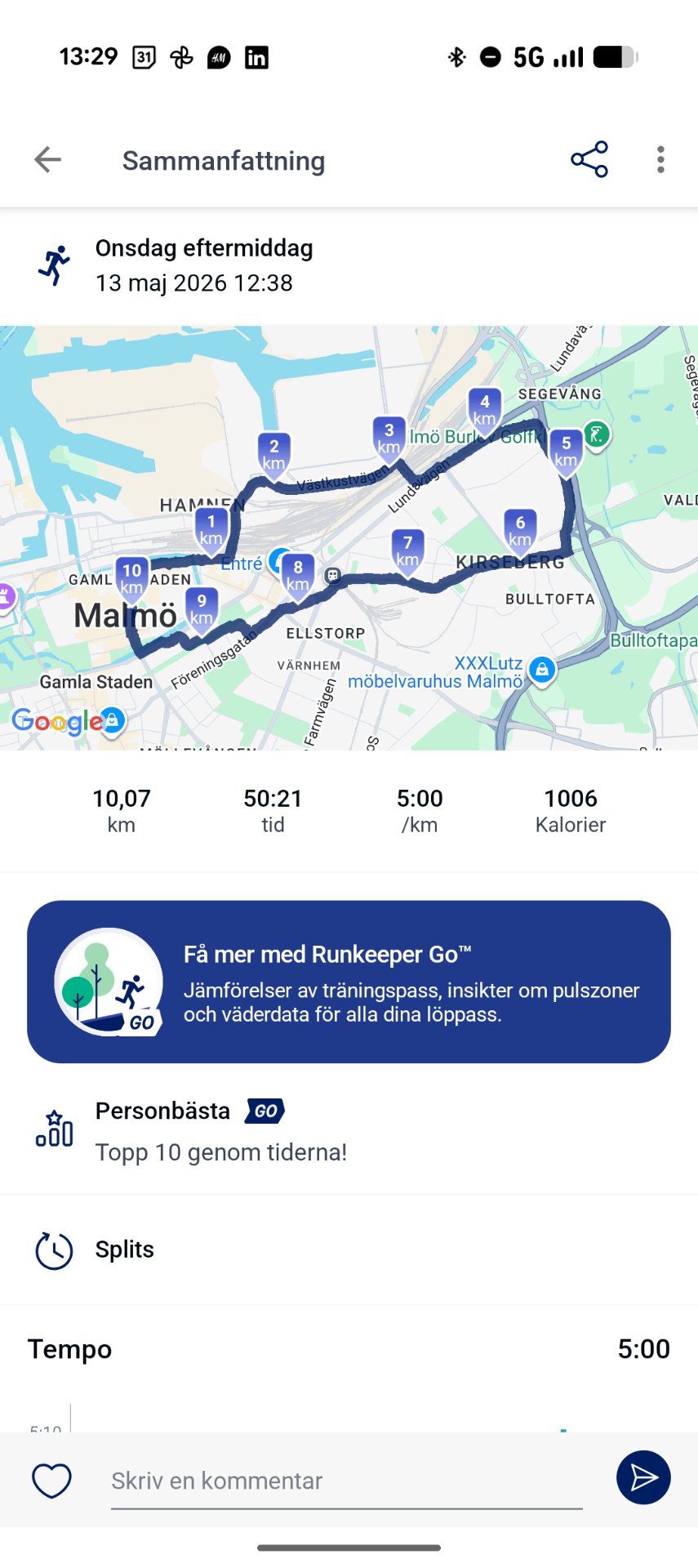 A fantastic 10.07 km run through Malmö completed in 50 minutes 21 seconds at a steady 5:00/km pace, burning 1006 calories! This is a solid cardio workout tracked via a running app.