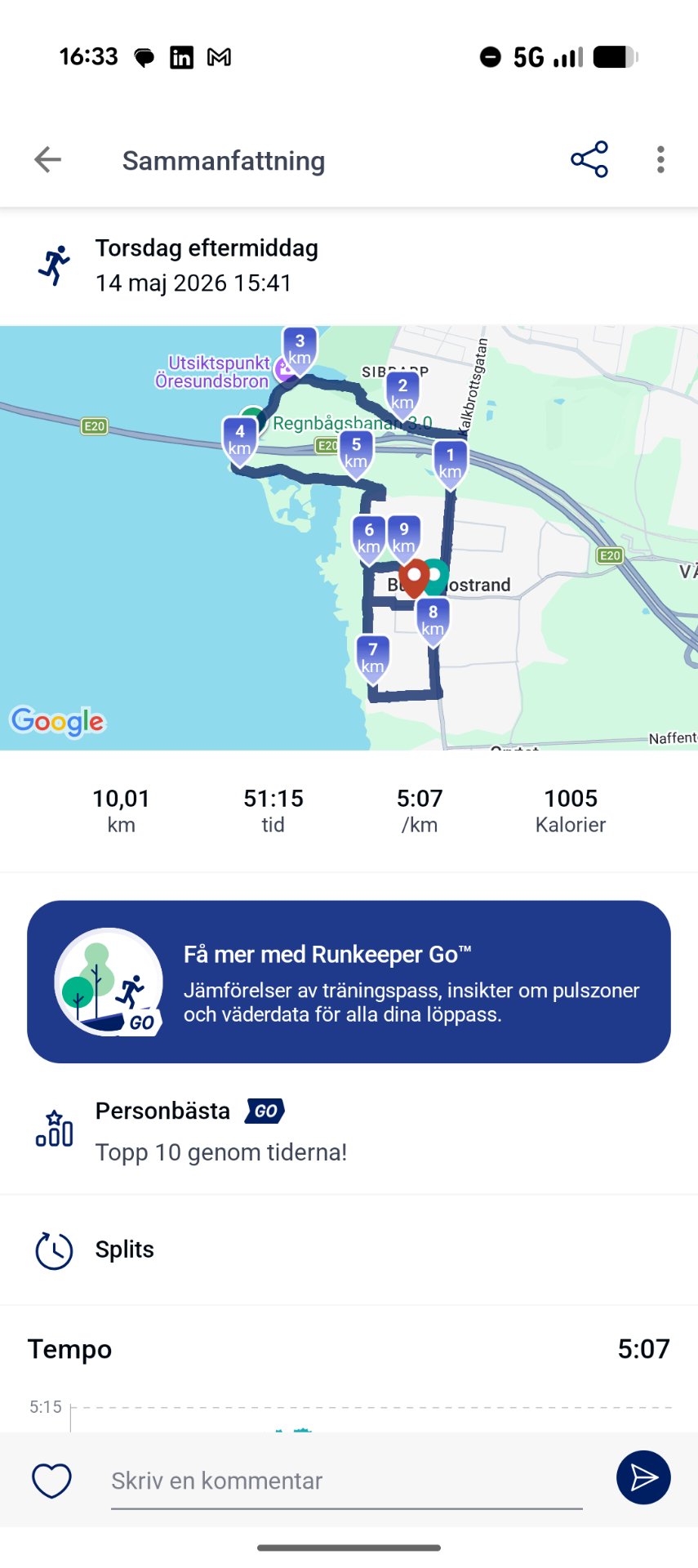A fantastic 10 km run completed in 51 minutes and 15 seconds at an average pace of 5:07 per km, burning 1005 calories! This Thursday evening run shows great consistency and effort.