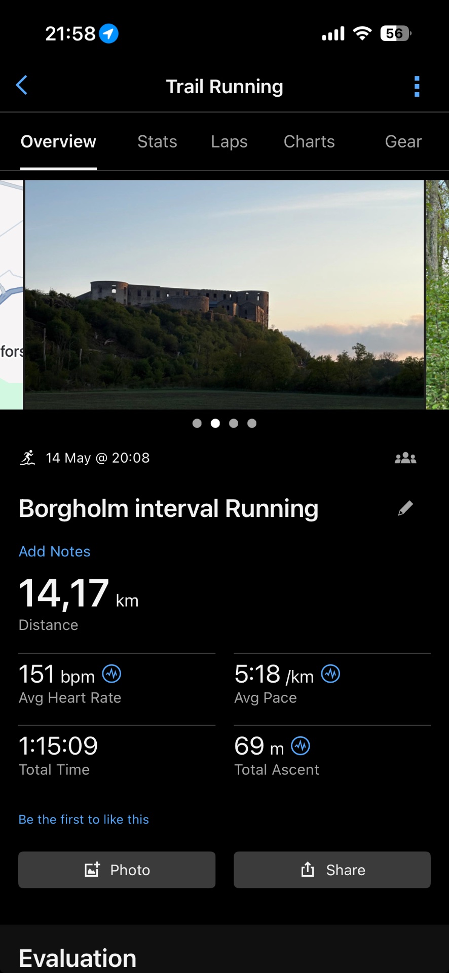 An impressive 14.17 km trail run with interval training at Borgholm, completed in 1 hour 15 minutes with an average pace of 5:18/km and 69m elevation gain. Beautiful scenic route captured with stunning castle views!