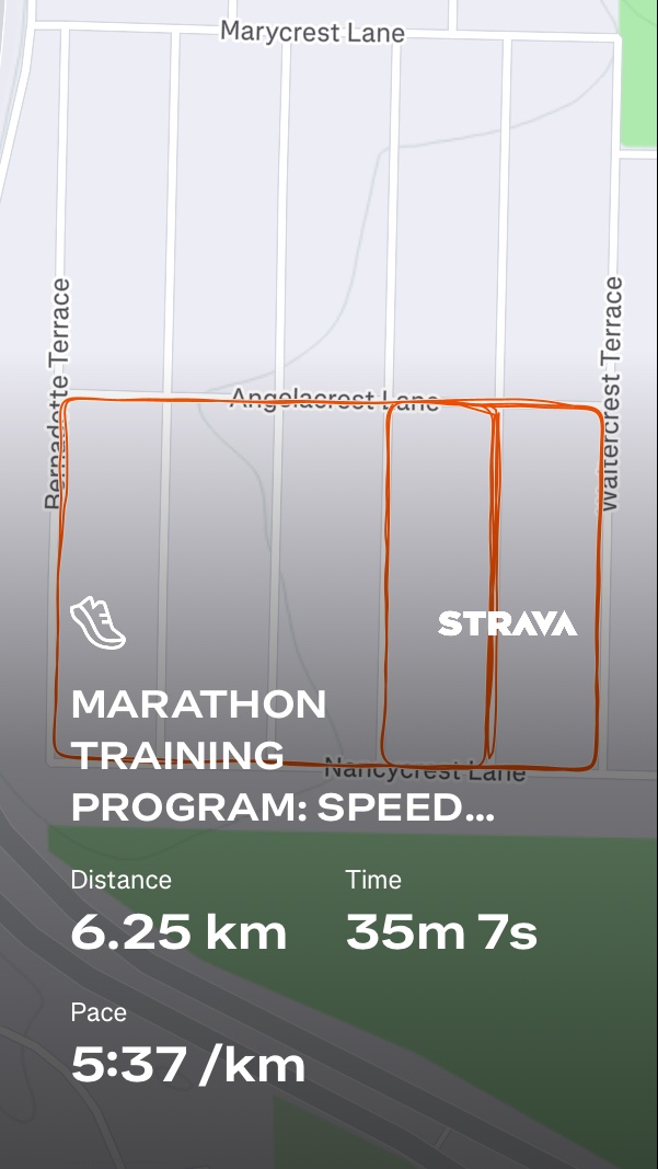 Marathon training speed work session! This Strava-tracked run covered 6.25 km in 35 minutes and 7 seconds at a solid 5:37/km pace, showing dedicated preparation for marathon racing.