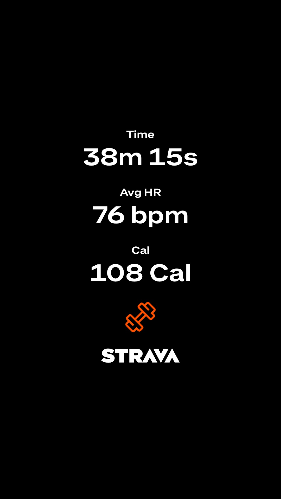 A quick 38-minute cardio session logged on Strava with an average heart rate of 76 bpm and 108 calories burned. This appears to be a light to moderate intensity workout!