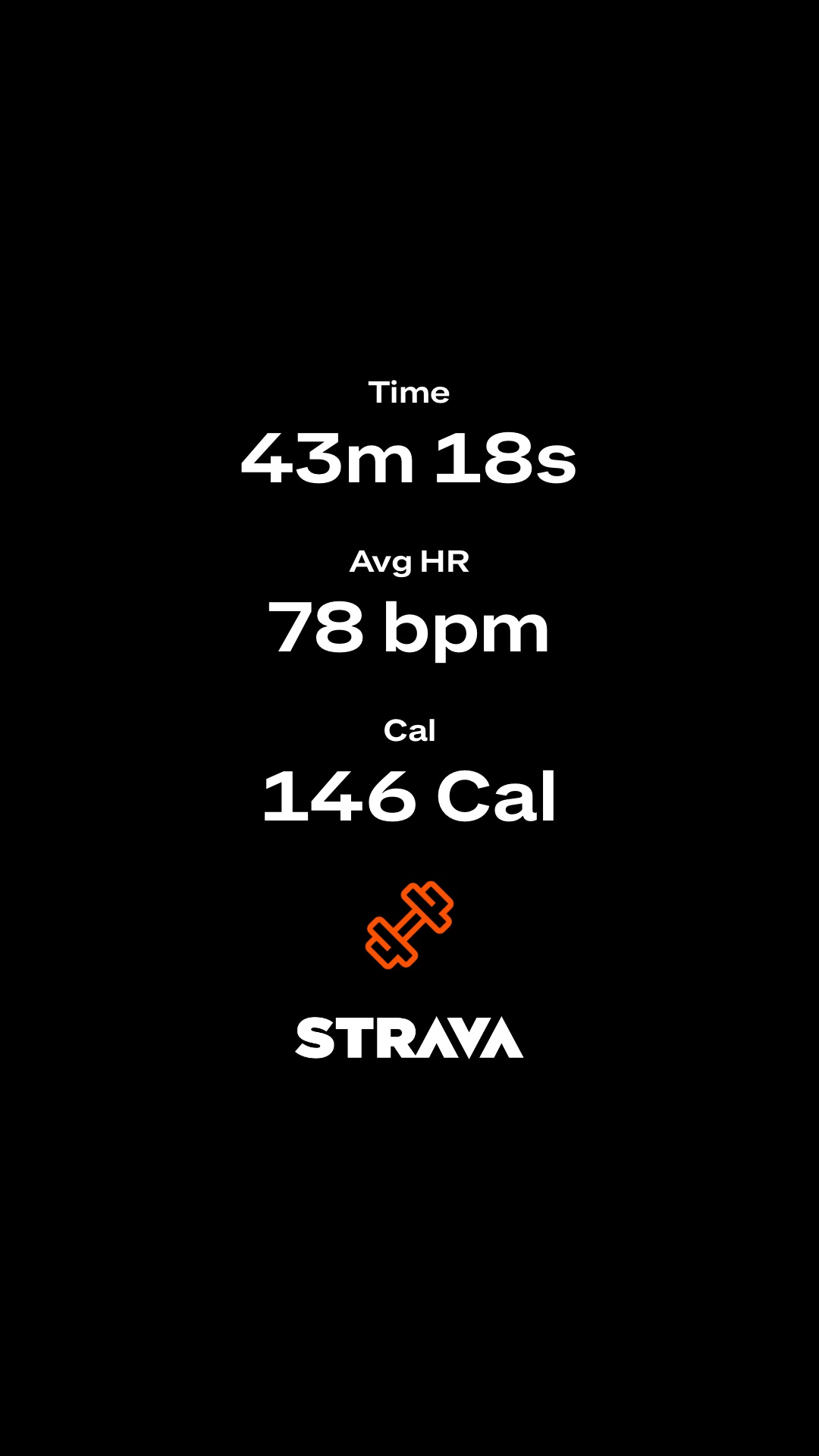 A 43-minute steady cardio session tracked on Strava with an average heart rate of 78 bpm and 146 calories burned. This appears to be a moderate-intensity aerobic workout!